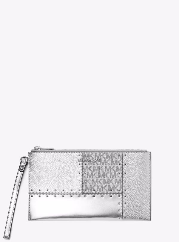 Michael Kors Jet Set Travel Large Studded Metallic Patchwork and Signature Logo Wristlet